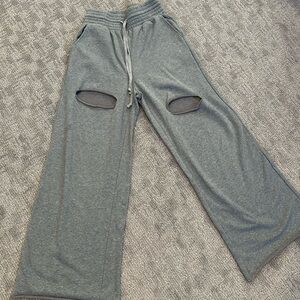 SHEIN Gray Distressed Wide-Leg Sweatpants, Cutout on Thighs, Size L
